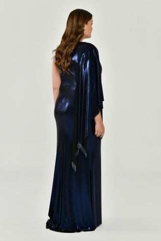 Tek Omuz Şallı Püskül Kuşaklı Parlak Kumaş Uzun Elbise Lacivert - 48