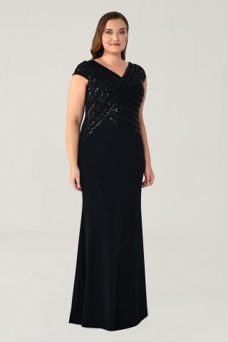 V Yaka Üst Payetli Uzun Elbise SİYAH / SİYAH - 48
