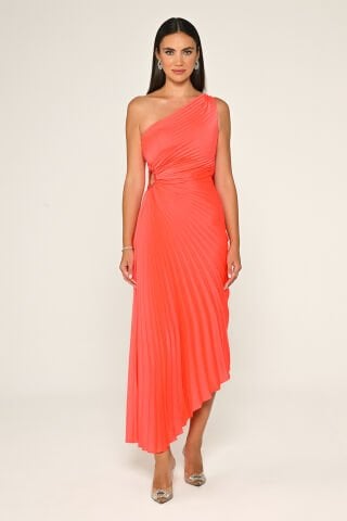 Tek Omuz Beli Pencere Detaylı Pliseli Saten Asimetrik Kesim Midi Elbise