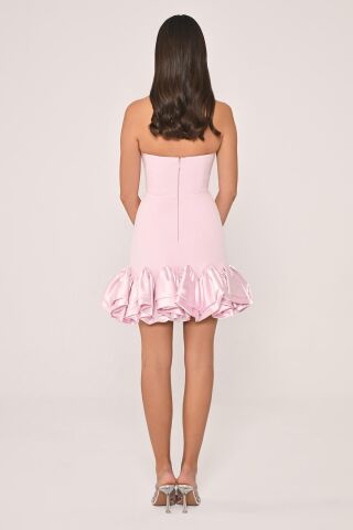 Straplez Eteği Saten Fırfırlı Krep Kısa Elbise Pembe - 42