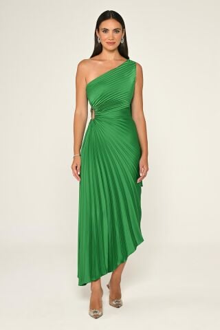 One Shoulder Waist Window Detailed Pleated Satin Asymmetrical Cut Midi Dress