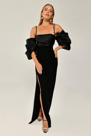 Trägerloses, tiefes Ballonärmel-Schlitz-Langes Kleid Schwarz - 38