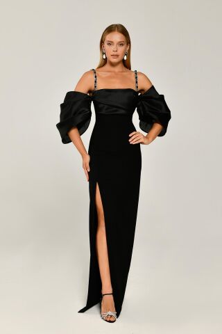 Trägerloses, tiefes Ballonärmel-Schlitz-Langes Kleid Schwarz - 38