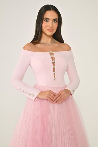 Açık Omuz Kollu Eteği Tül Midi Elbise Pembe - 40