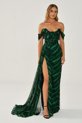 Schulterfreies, geschlitztes, gemustertes Chiffon-Langes Kleid GREEN ZEBRA - 46
