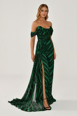 Schulterfreies, geschlitztes, gemustertes Chiffon-Langes Kleid GREEN ZEBRA - 46