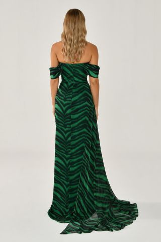 Schulterfreies, geschlitztes, gemustertes Chiffon-Langes Kleid GREEN ZEBRA - 46