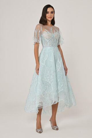 Kısa Kollu Parlak Tül Midi Elbise AÇIK MAVİ - 44