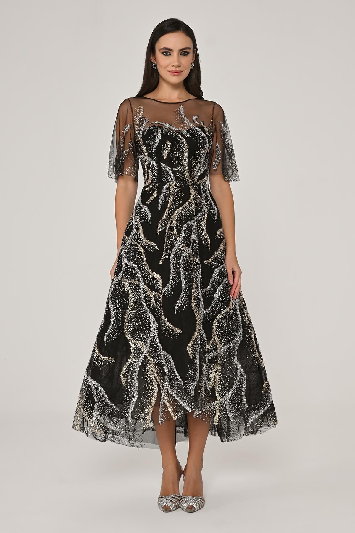 Kısa Kollu Parlak Tül Midi Elbise Siyah - 40