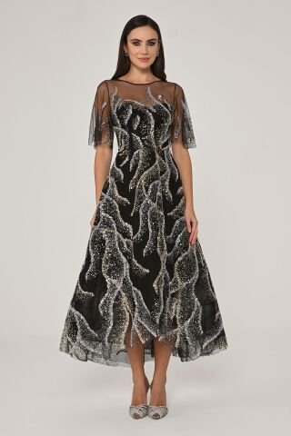 Kısa Kollu Parlak Tül Midi Elbise Siyah - 40