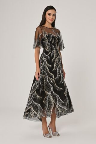 Kısa Kollu Parlak Tül Midi Elbise Siyah - 40