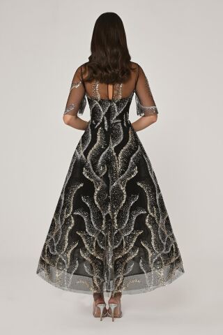 Kısa Kollu Parlak Tül Midi Elbise Siyah - 40