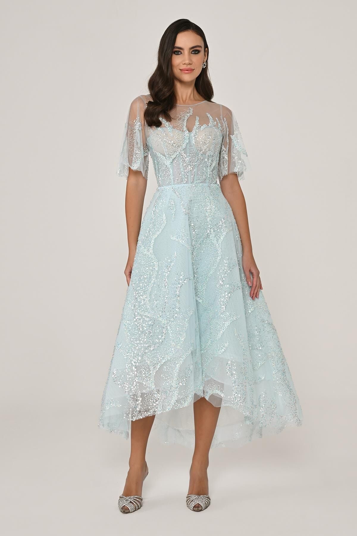 Kısa Kollu Parlak Tül Midi Elbise AÇIK MAVİ - 36