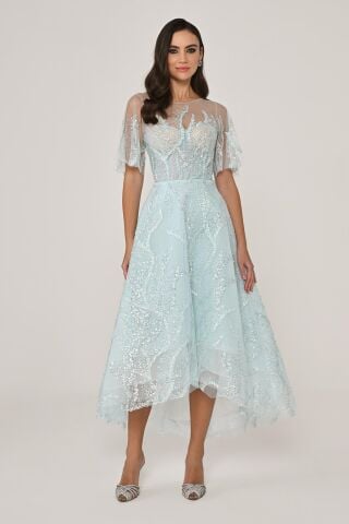 Kısa Kollu Parlak Tül Midi Elbise AÇIK MAVİ - 36