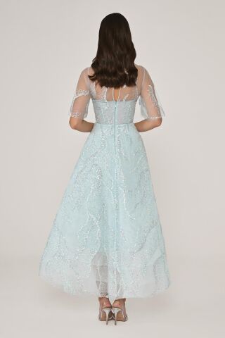 Kısa Kollu Parlak Tül Midi Elbise AÇIK MAVİ - 36