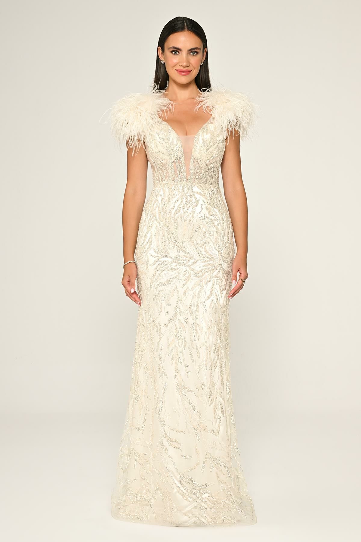 LONG DRESS WITH STONES ON THE SHOULDER Bone - 38