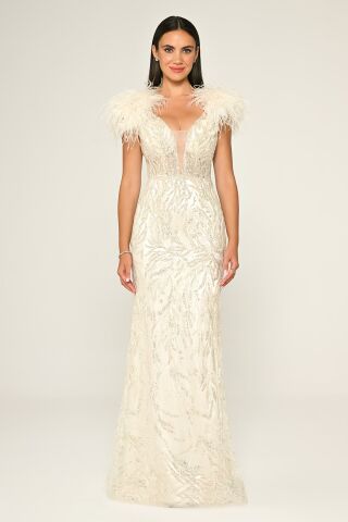 LONG DRESS WITH STONES ON THE SHOULDER Bone - 38