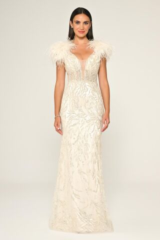 Omzu Otrişli Taşlı Uzun Elbise Kemik - 38