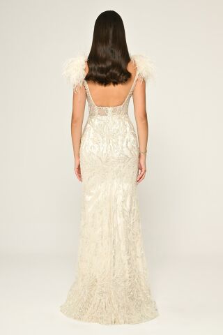 LONG DRESS WITH STONES ON THE SHOULDER Bone - 38