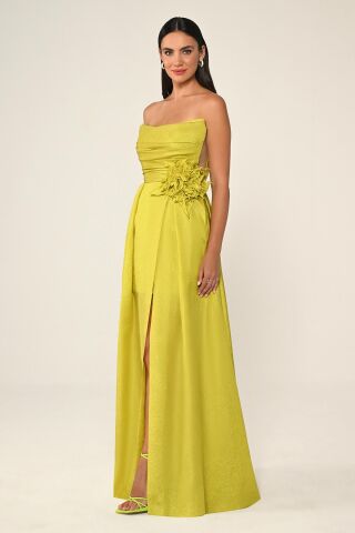 Strapless Waist Organza Long Dress with Flower Accessories OXIDE GREEN - 36