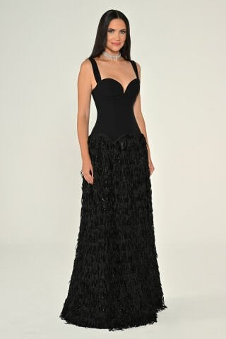 Askılı Krep Üst Eteği Püsküllü Payet Uzun Elbise