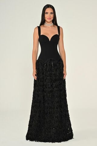 Askılı Krep Üst Eteği Püsküllü Payet Uzun Elbise