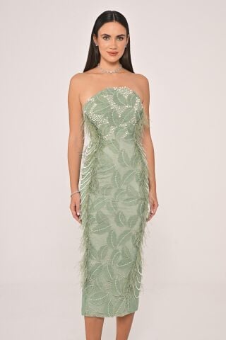 Trägerloses, perlenbesetztes Plissee-Midikleid AQUEEN - 40