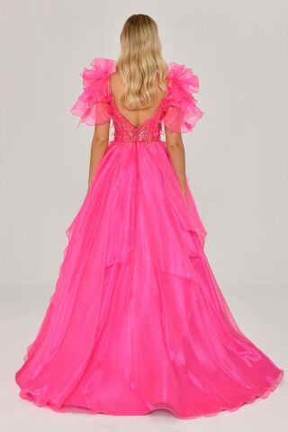 Tüy Boncuk İşlemeli Katlı Prenses Organze Kumaş Uzun Elbise AÇIK FUŞYA - 38