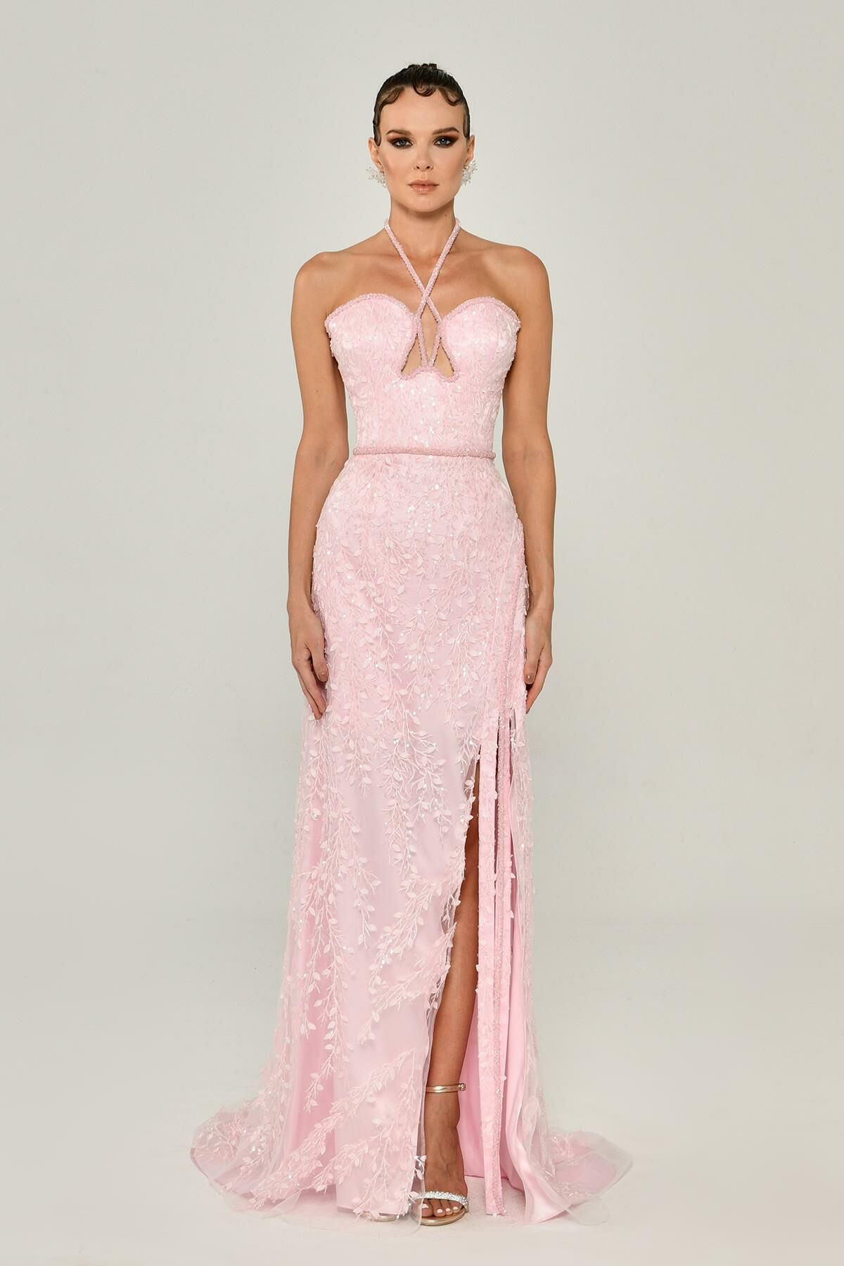 Neckholder-Kleid mit Herz-Brustschlitz, langes Kleid, Rosa – 40