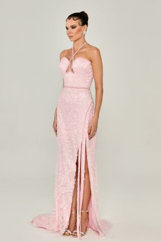 Neckholder-Kleid mit Herz-Brustschlitz, langes Kleid, Rosa – 40