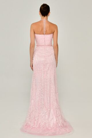 Neckholder-Kleid mit Herz-Brustschlitz, langes Kleid, Rosa – 40
