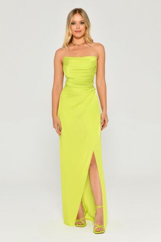 Trägerloses Satin-Langkleid APFELGRÜN - 38