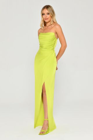 Trägerloses Satin-Langkleid APFELGRÜN - 38