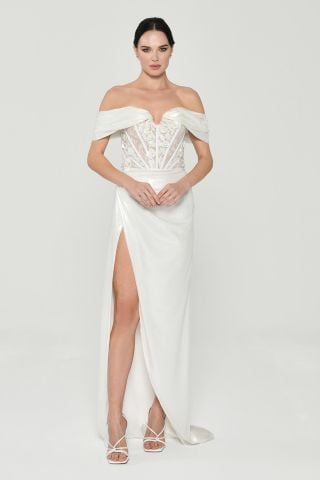 LOW SHOULDER CORSET LONG DRESS WITH WAIST SPLIT