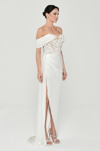LOW SHOULDER CORSET LONG DRESS WITH WAIST SPLIT