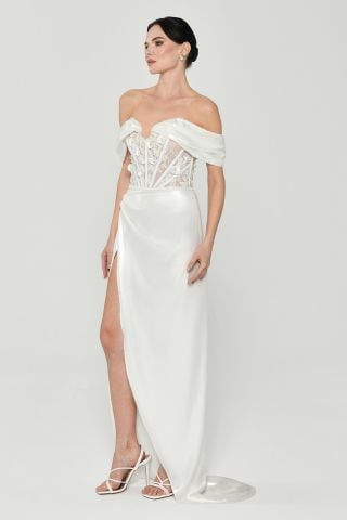 LOW SHOULDER CORSET LONG DRESS WITH WAIST SPLIT