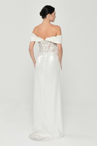 LOW SHOULDER CORSET LONG DRESS WITH WAIST SPLIT