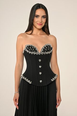 Straplez Taşlı Üst Krep Eteği Saten Pileli Uzun Elbise Siyah - 40