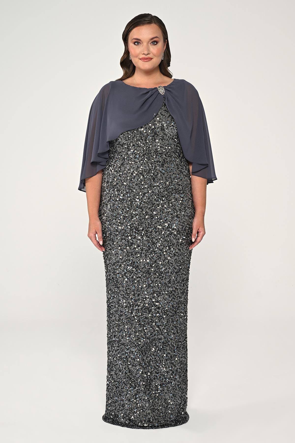 Şifon Şallı Broşlu Payet Uzun Elbise ANTRASİT - 46