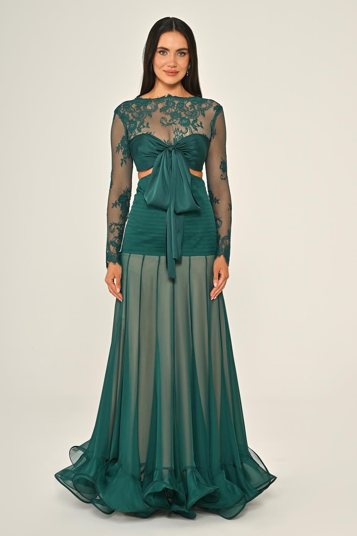 Üst Dantel Göğüs Saten Bağlamalı Eteği Şifon Uzun Elbise ZÜMRÜT - 36