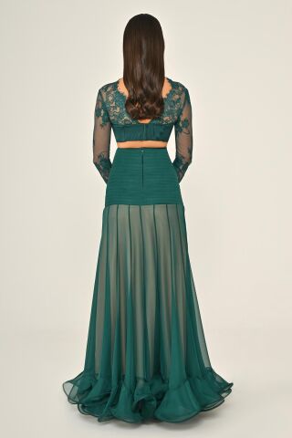 Üst Dantel Göğüs Saten Bağlamalı Eteği Şifon Uzun Elbise ZÜMRÜT - 36