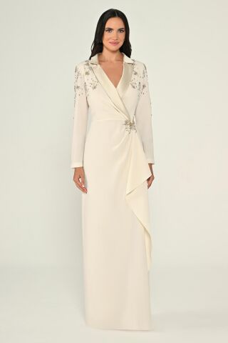 Uzun Kollu Kruvaze Omzu ve Beli Aksesuarlı Uzun Krep Elbise