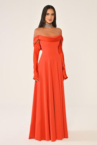 Düşük Omuz Kolları Saten Krep Uzun Elbise ORANGE - 44
