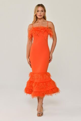 Rope Strap Bust And Skirt Feathered Fish Midi Dress ORANGE - 38