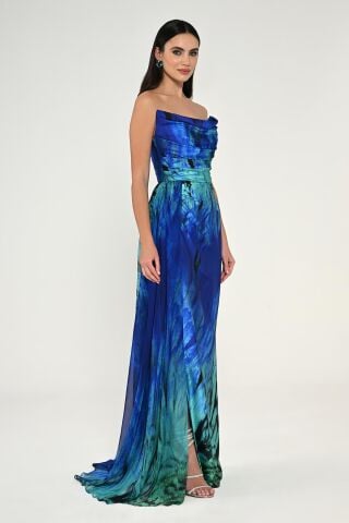 Kayık Yaka Yırtmaçlı Desenli Saten Elbise SAKS / YEŞİL - 36