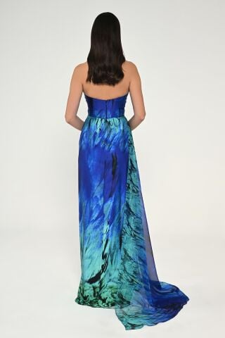 Kayık Yaka Yırtmaçlı Desenli Saten Elbise SAKS / YEŞİL - 36