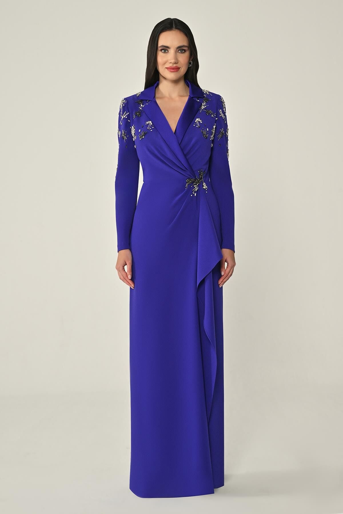 Uzun Kollu Kruvaze Omzu ve Beli Aksesuarlı Uzun Krep Elbise Mor - 38