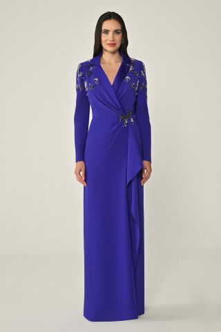 Uzun Kollu Kruvaze Omzu ve Beli Aksesuarlı Uzun Krep Elbise Mor - 38