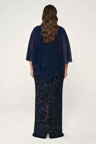 Şifon Şallı Broşlu Payet Uzun Elbise Lacivert - 46