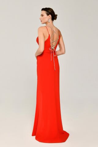 Derin Dekolte Sırt Taşlı İp Yırtmaçlı Uzun Elbise MERCAN - 36